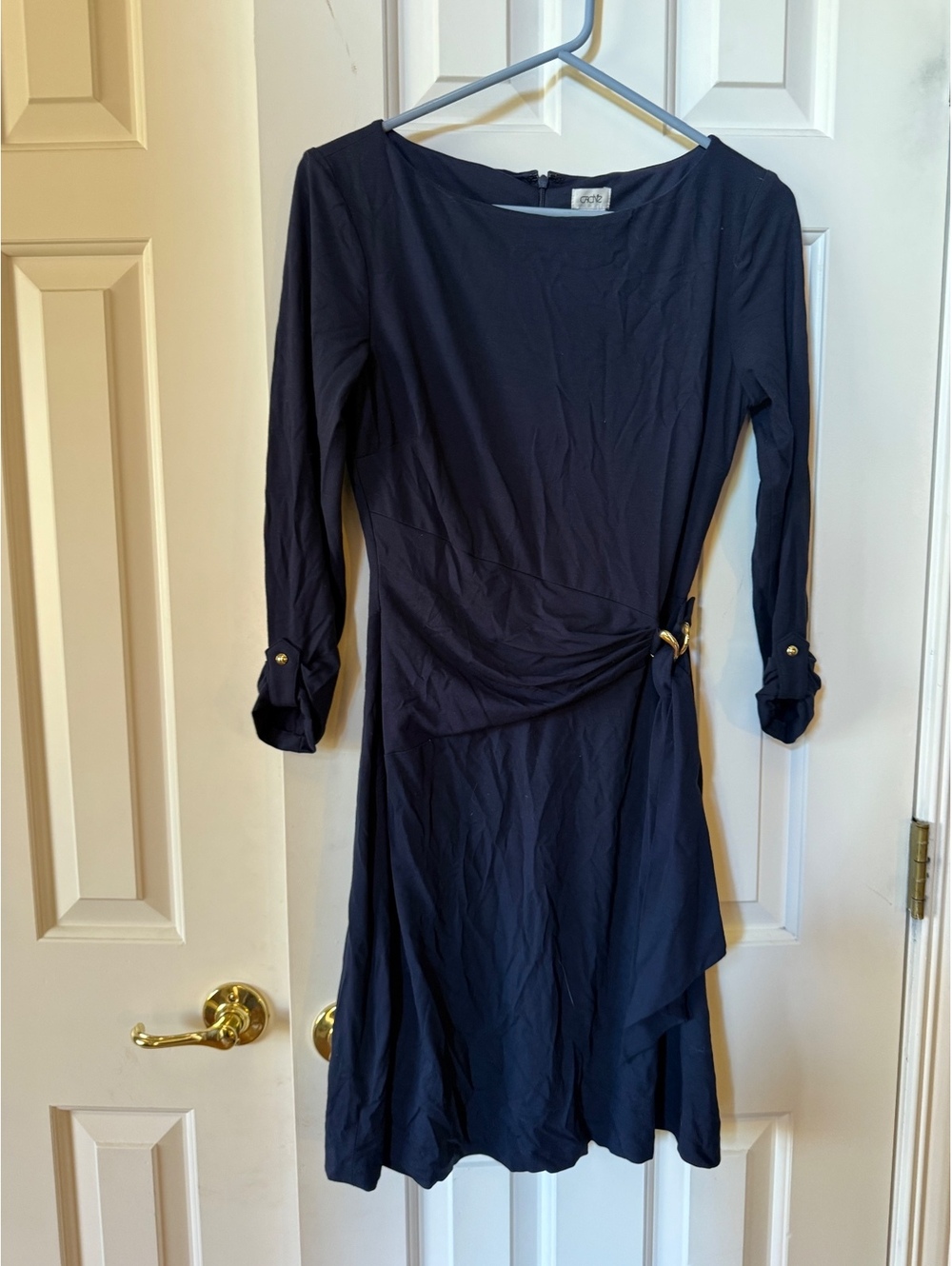 Caché Navy Blue Faux Wrap Midi Dress Gold O-Ring Hardware Media/Large